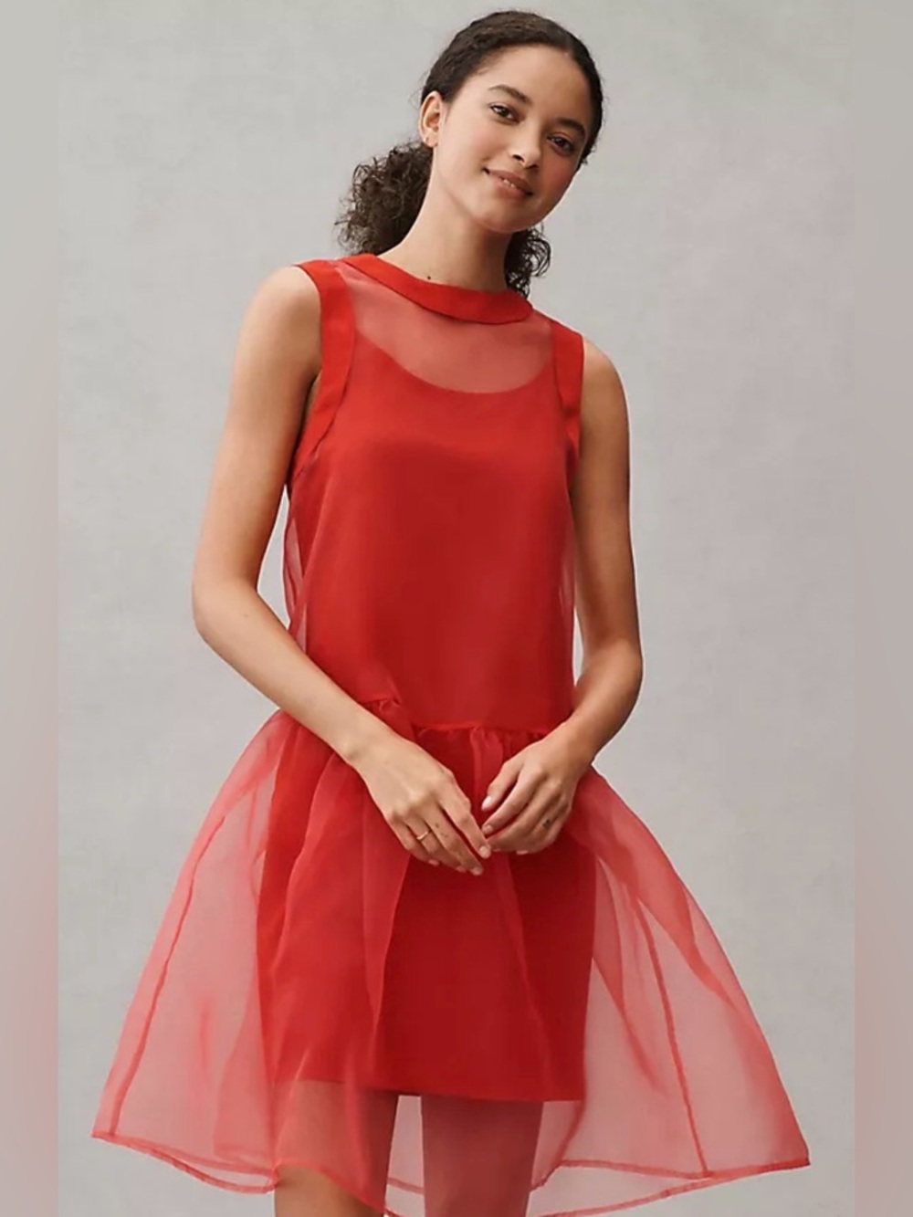BHLDN Red Sheer Tiered Sleeveless Mini Dress